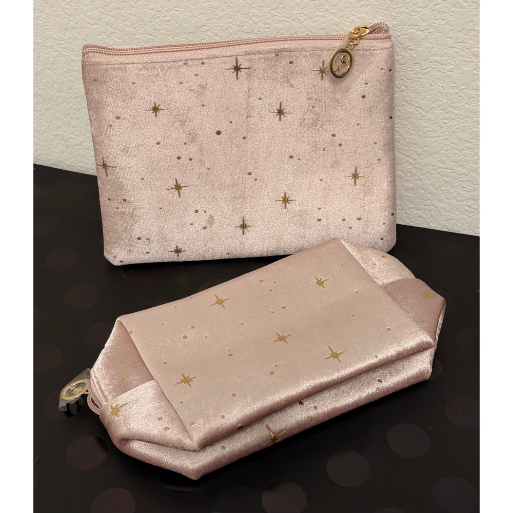 Pink Velvet Celestial Star Makeup Bag Set Gold‎ Rose Zipper Pull 2 Piece Pouch